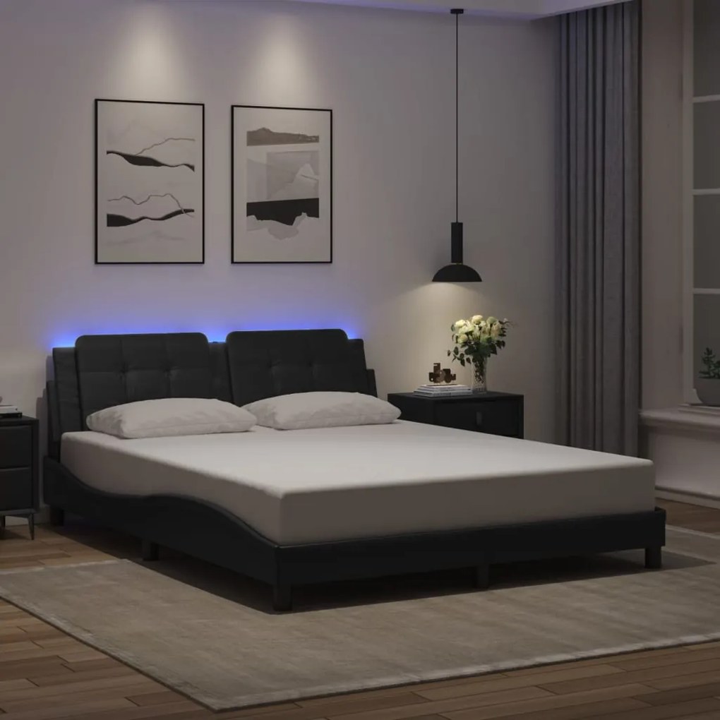 Estrutura de cama c/ luzes LED 160x200cm couro artificial preto