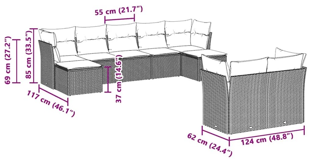 9 pcs conj. sofás jardim com almofadões vime PE cinzento-claro