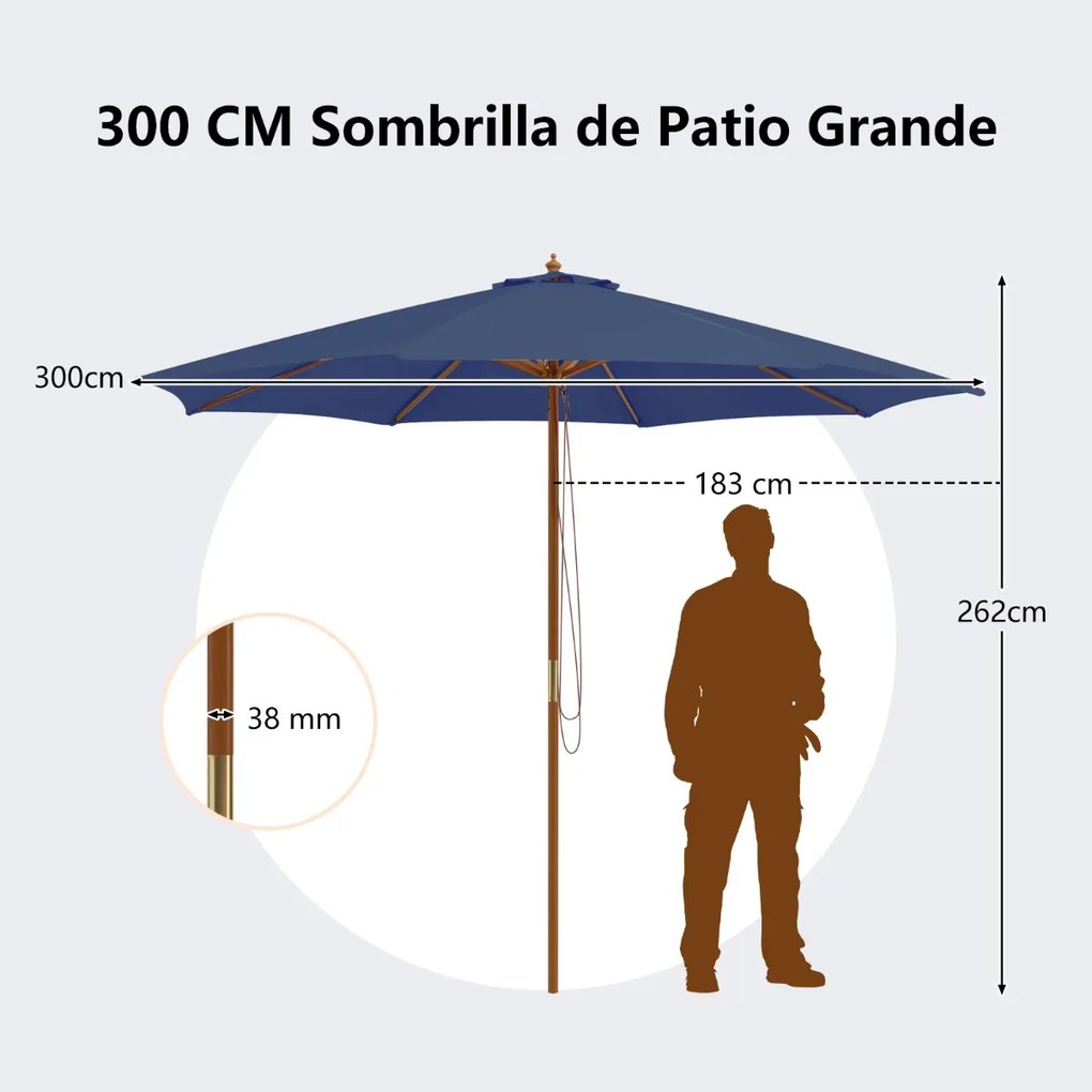 Guarda-sol 300 x 300 x 262 cm com 8 varas de bambu com elevação por roldana e orifício de ventilação para praia ou jardim Azul Marinho