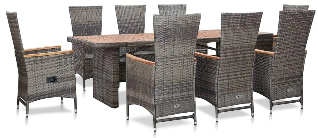 vidaXL 9 pcs conjunto jantar exterior c/ almofadões vime PE cinzento
