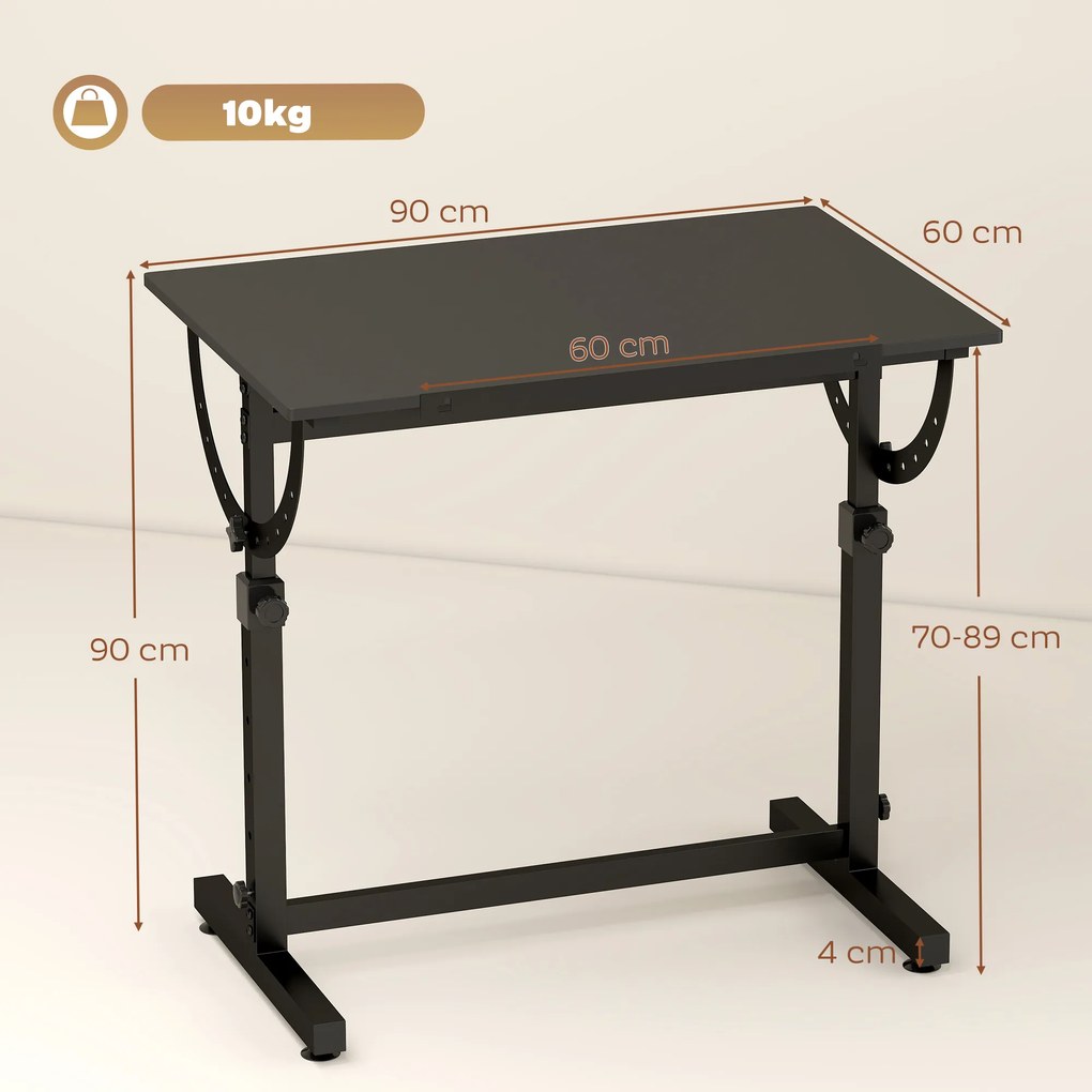 Mesa de Desenho, 90 x 60 x 90 cm, Tampo Inclinável até 85°, Preto