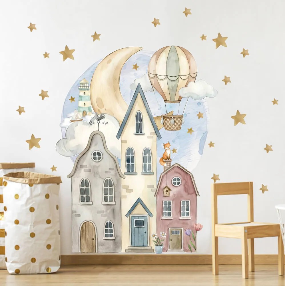 Papel de parede para a parede do quarto das crianças - Casas sob a lua