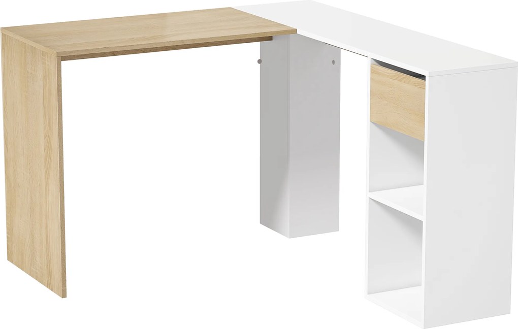 Secretária de Canto em L 120x110 cm com Gaveta e 2 Prateleiras, Branco e cor Natural