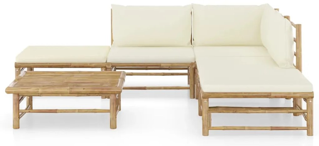 6 pcs conj. lounge p/ jardim em bambu c/ almofadões branco nata