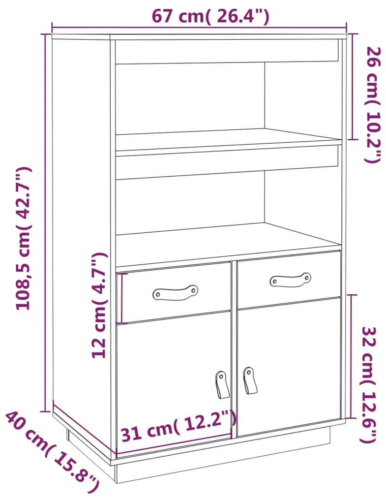 Aparador alto 67x40x108,5 cm pinho maciço branco