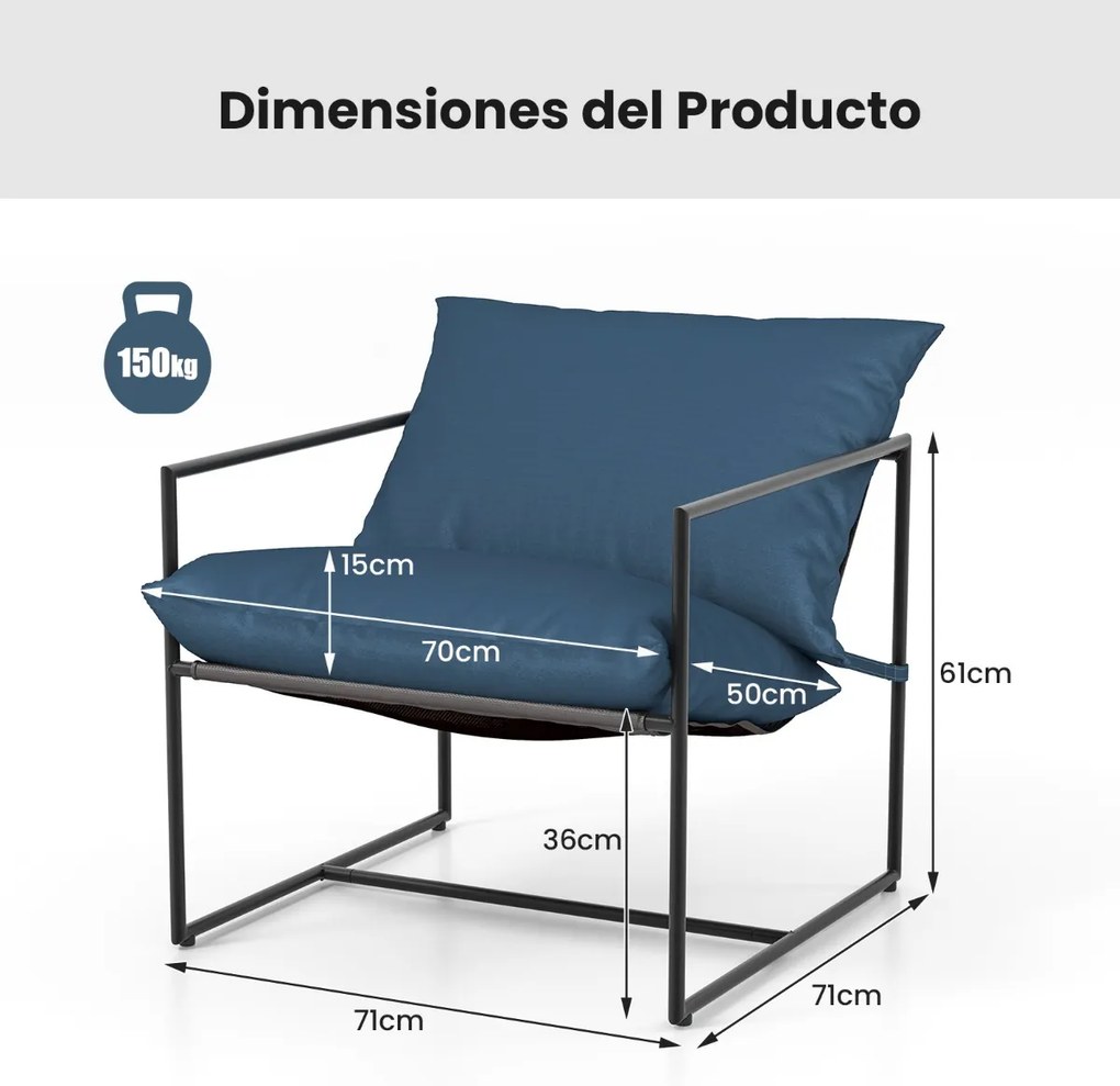 Conjunto de 2 Poltronas com Almofadas de Assento Sling Encosto Assento Tecido e Estrutura de Metal para Varanda 71 x 71 x 61 cm Azul + Preto