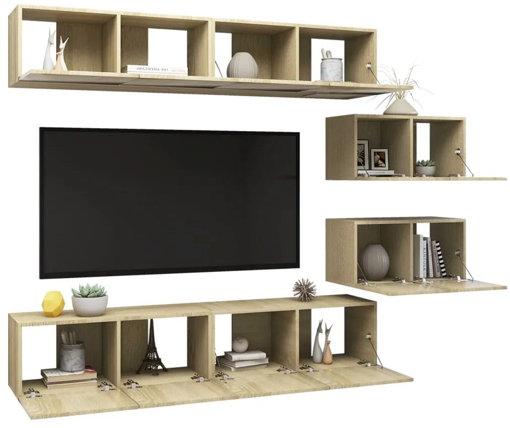 6 pcs conjunto móveis de TV derivados madeira carvalho sonoma