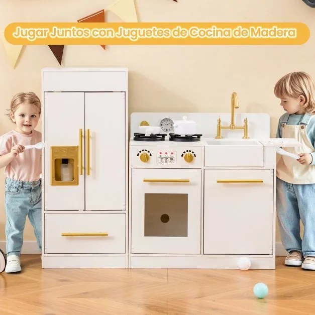 Cozinha para crianças 106,5 x 30 x 81 cm com frigorífico, fogão, máquina de gelo, máquina de lavar louça, lava-louças e relógio para crianças a partir