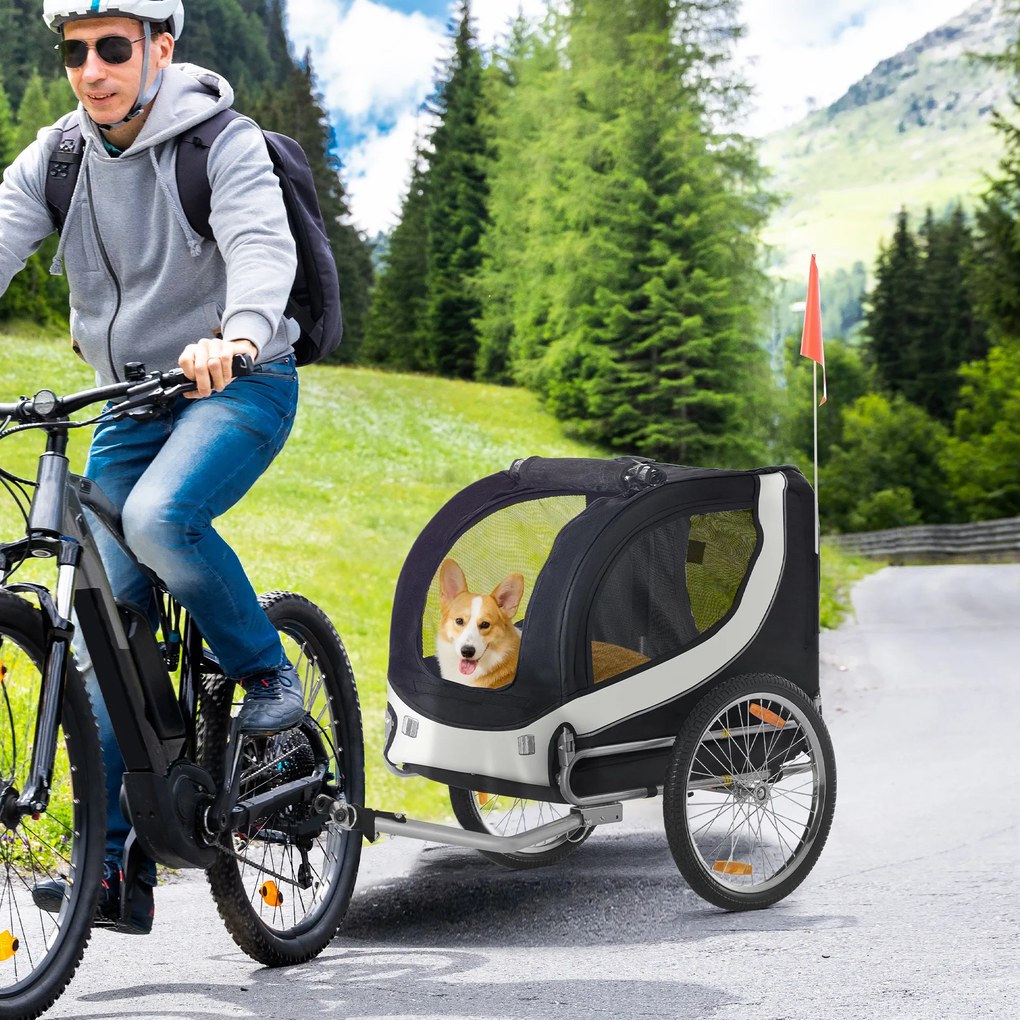 Reboque de bicicleta para cães e animais de estimação 130 x 73 x 90 cm com bandeira e 8 refletores branco e preto