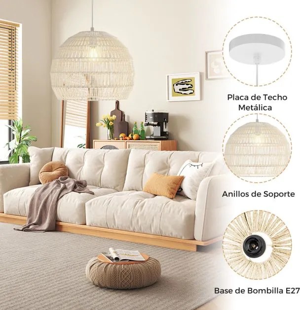 Candeeiro Teto esférico suspensa fácil de instalar, lâmpada incluída, para sala de jantar, sala de estar, quarto... 43 x 34 cm, bege