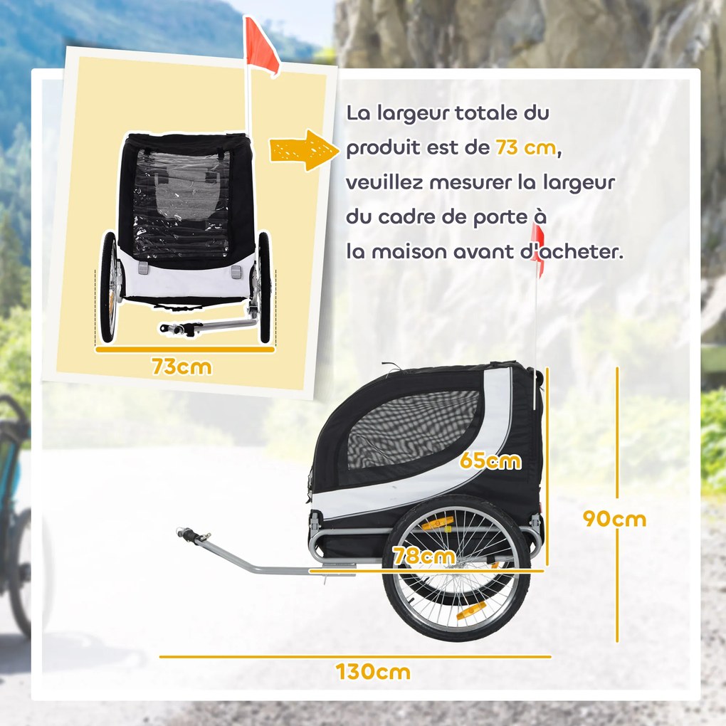 Reboque de bicicleta para cães e animais de estimação 130 x 73 x 90 cm com bandeira e 8 refletores branco e preto