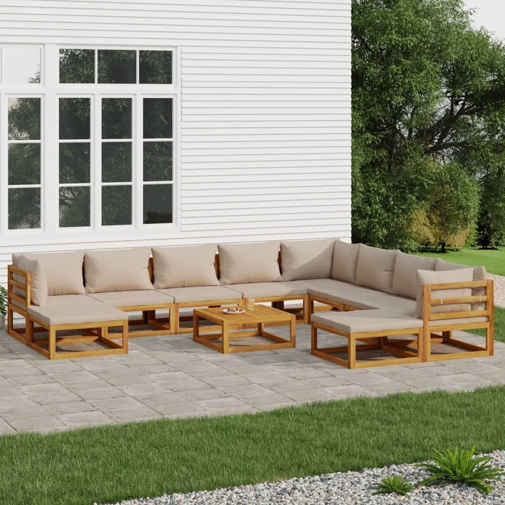 vidaXL 11pcs conj.lounge jardim madeira c/almofadões cinza-acastanhado