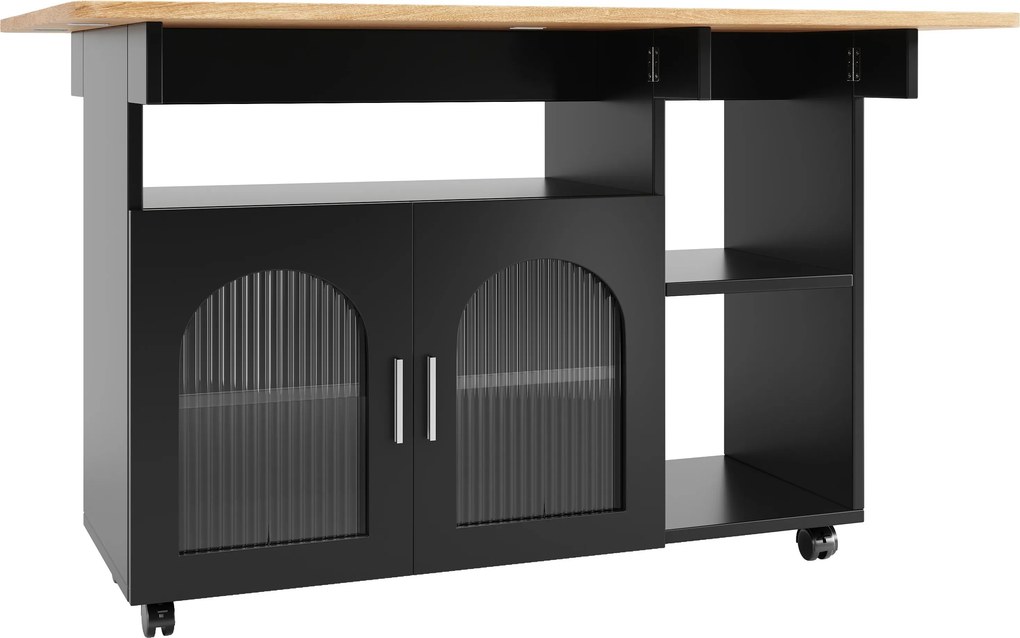 Ilha de cozinha moderna, carrinho de serviço multifuncional com espaço de arrumação e armários com portas de vidro, 120x70x79,5 cm, Preto＋Cor natural