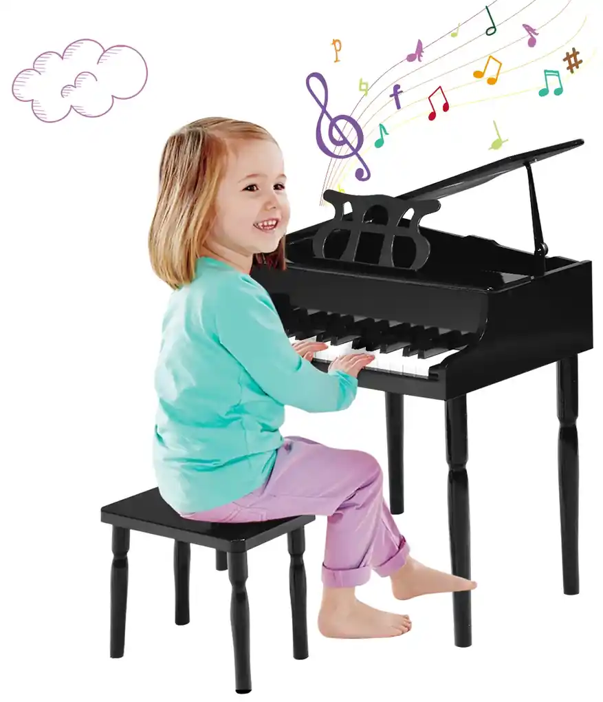 Piano Clássico Infantil com 30 Teclas, Banco e Tampa de Piano para