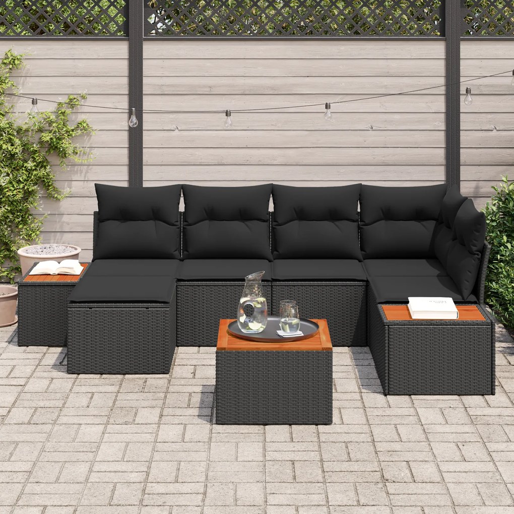 Conjunto de Sofás de Jardim vidaXL de 7 peças com Almofadas Preto Vime