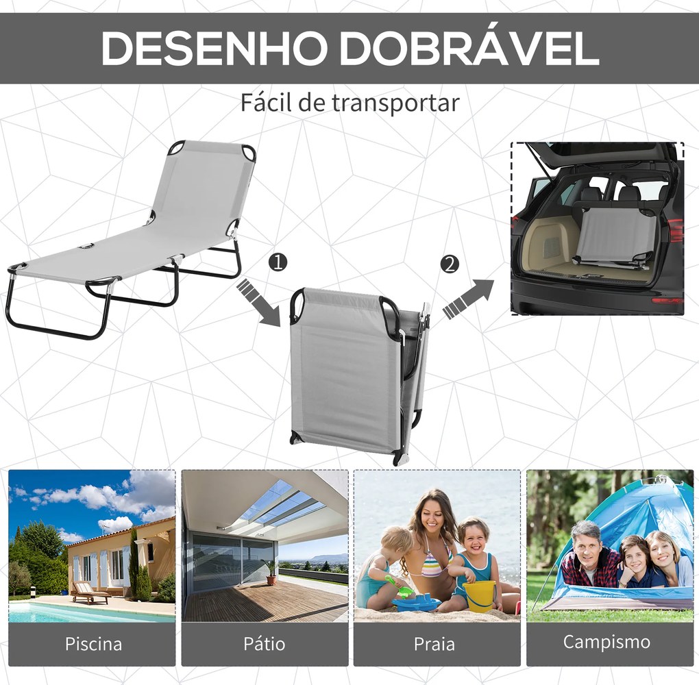 Espreguiçadeira de Jardim Dobrável com Toldo Removível e Ajustável e Encosto Ajustável em 4 Posições  187x58x36 cm Cinza Claro