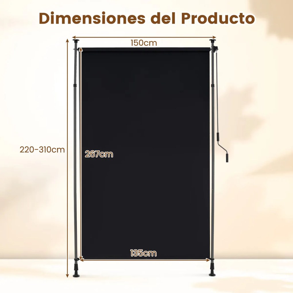 Toldo retrátil vertical 150 x 220-310 cm enrolável para exterior com altura ajustável com manivela para varanda ou piscina Preto