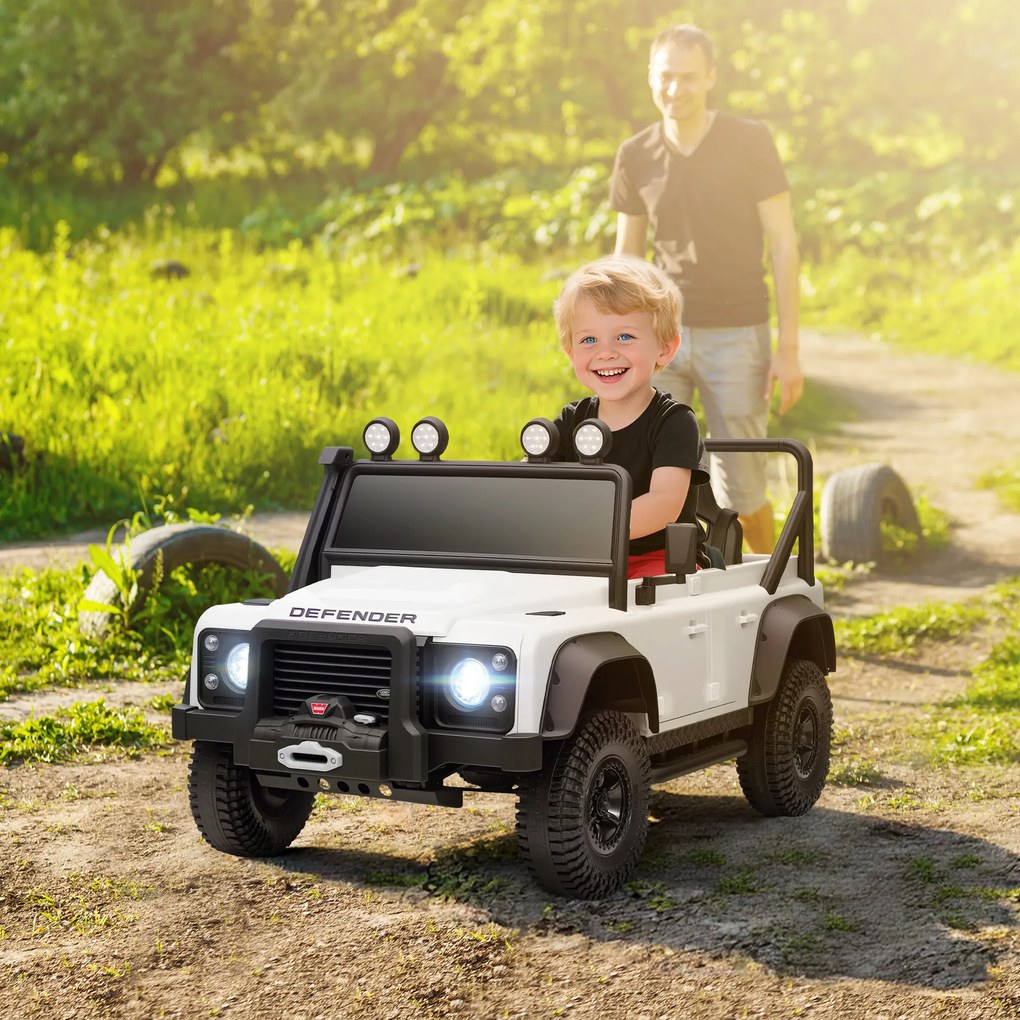 Carro Elétrico para Crianças com Licença Land Rover 12V Controlo Remoto Sistema de Suspensão USB MP3 Velocidade Ajustável Faróis 115x61x61 cm Branco