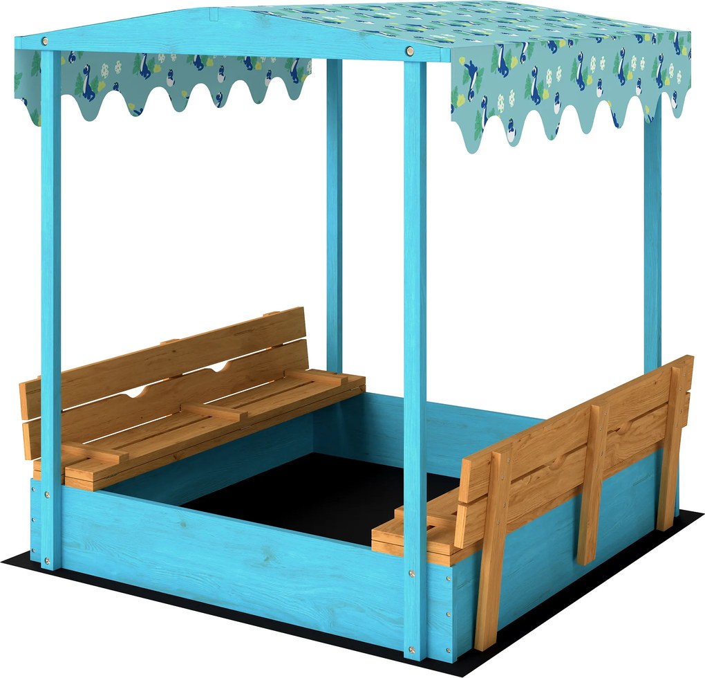 Caixa de areia infantil para crianças em madeira com tampa 134,5 x 127,5 x 130 cm, para exterior com assento dobrável em lona estampada com flamingos