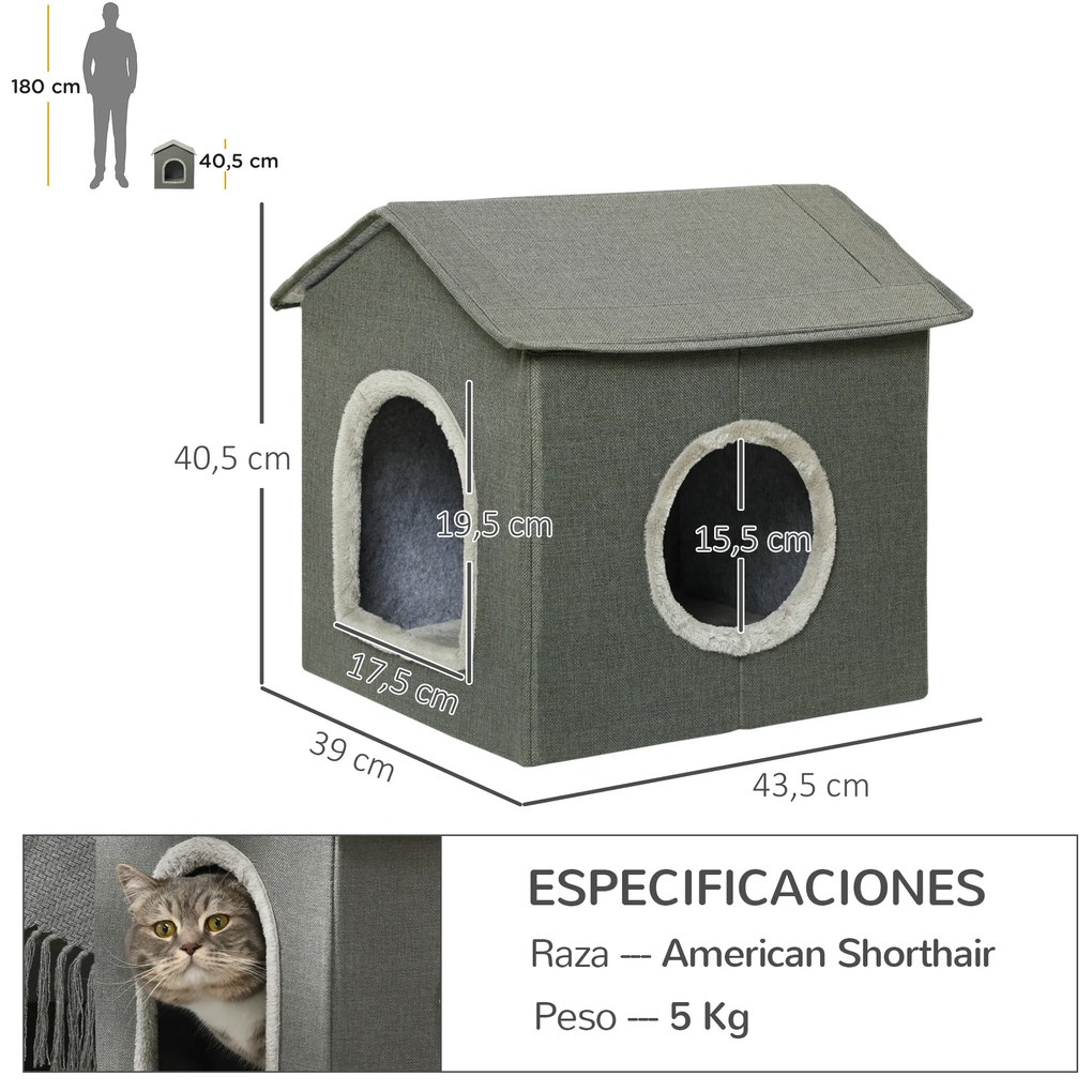 Casa para Gatos Caverna para Gatos com 2 Portas e Almofada Lavável 39x43,5x40,5 cm Cinzento