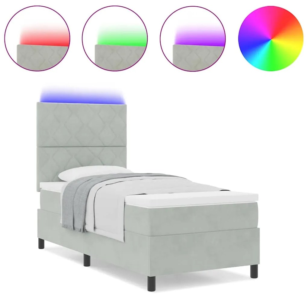 Cama Box com Colchão e Luz LED Cinza Claro 90x200 cm Veludo