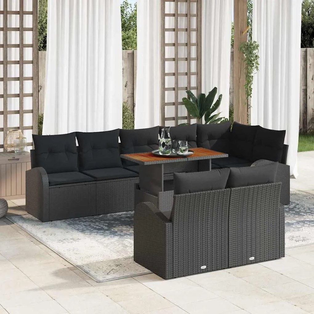 vidaXL Conjunto de Sofá de Jardim 9 Peças com Almofadas Pretas em Rattan