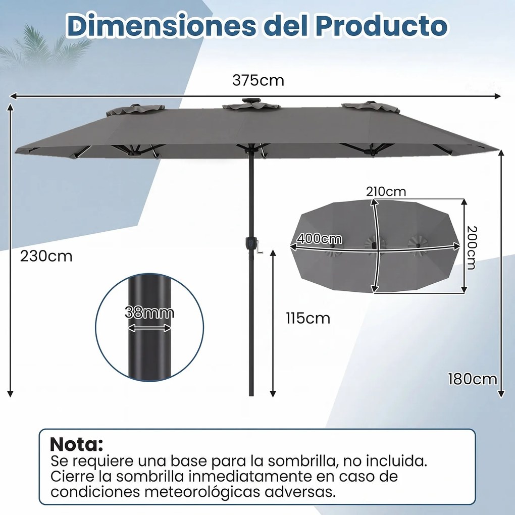 Guarda-sol duplo resistente, 400 x 210 cm (BASE NÃO INLCUIDA), com 108 luzes LED solares, manivela fácil de utilizar e 12 varas de metal, para jardim,