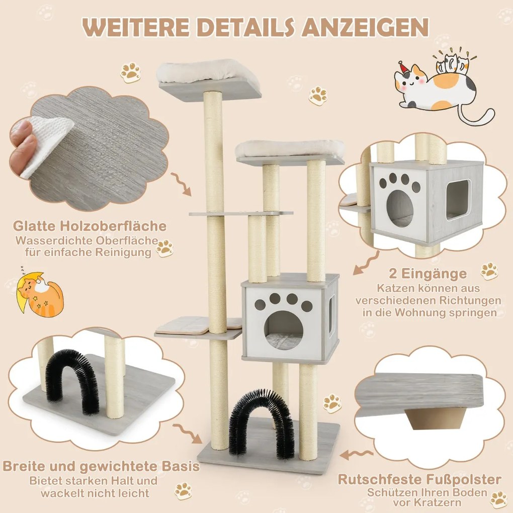Arranhador Gatos 176 cm de 6 níveis com tapetes confortáveis, caverna e arco para gatos em cinzento