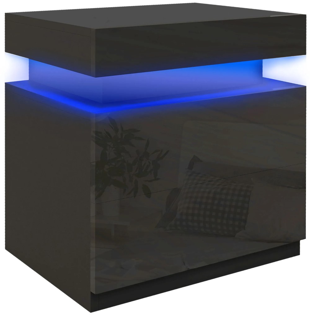HOMCOM Mesa de Cabeceira com Luz LED Painel de Alto Brilho 2 Gavetas e Controlo Remoto para Dormitório 45x35x52 cm Preto