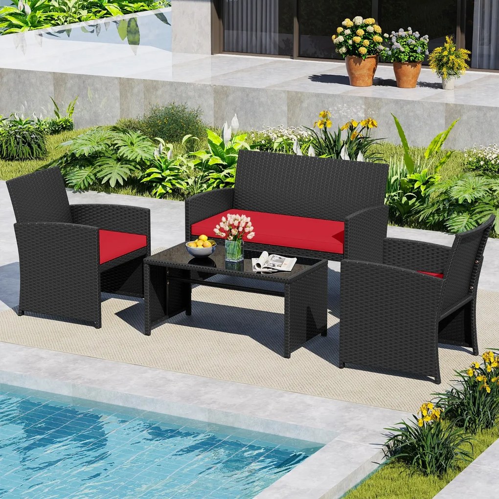 Conjunto de jardim em rattan com 4 peças: sofás de 2 lugares, mesa de vidro temperado e almofadas para exterior, varanda ou piscina, Preto+vermelho