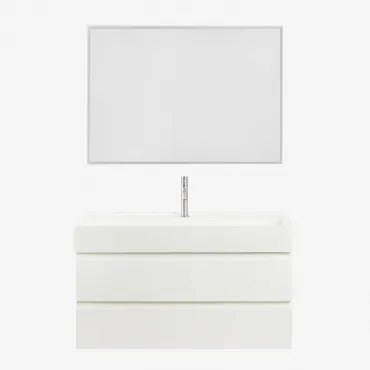 Conjunto De Móvel De Casa De Banho Suspenso Em Madeira E Folha De Freixo Com Lavatório Integrado Ona Branco & Led Retangular - Sklum