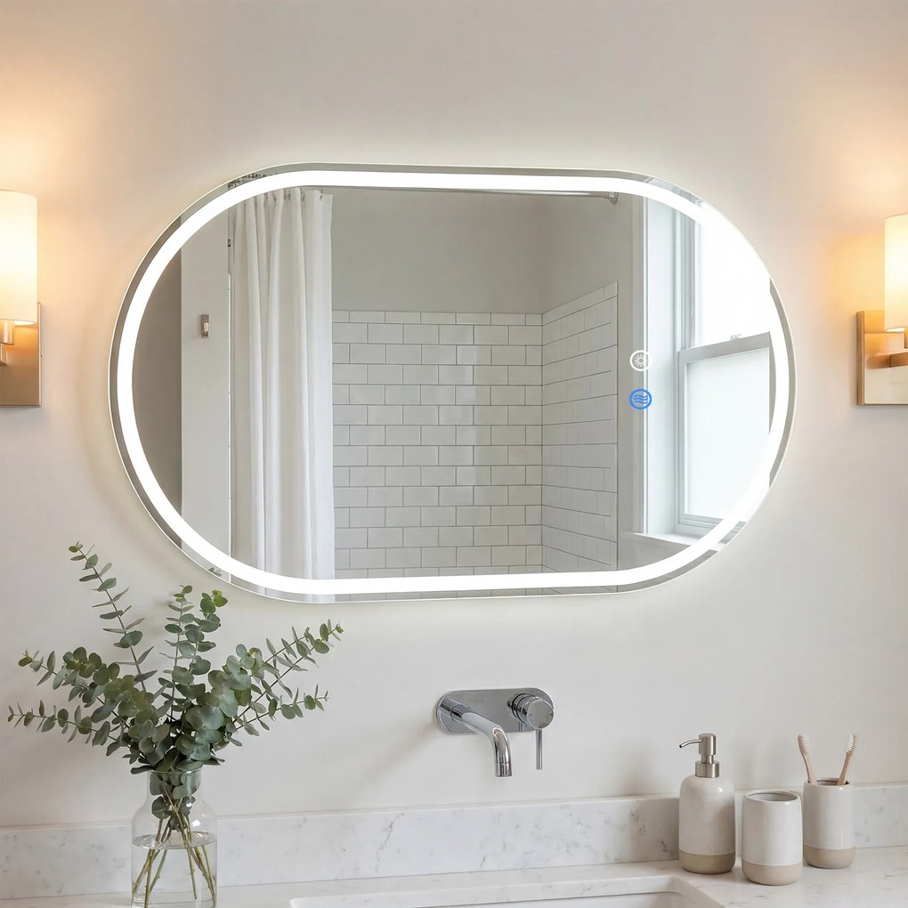 Espelho de casa de banho com iluminação, de parede, 90 x 55 cm, oval, sem moldura, com iluminação LED traseira, 3 modos de cor ajustáveis, antiembacia