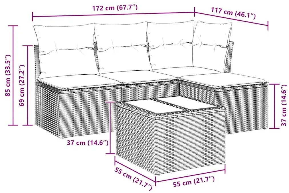 5 pcs conjunto de sofás p/ jardim com almofadões vime PE bege