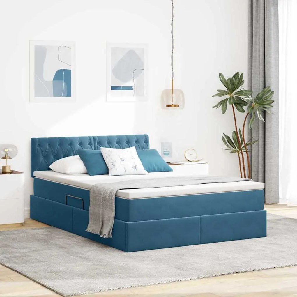 vidaXL Cama com Armazenamento Azul Escuro 140 x 200 cm Veludo