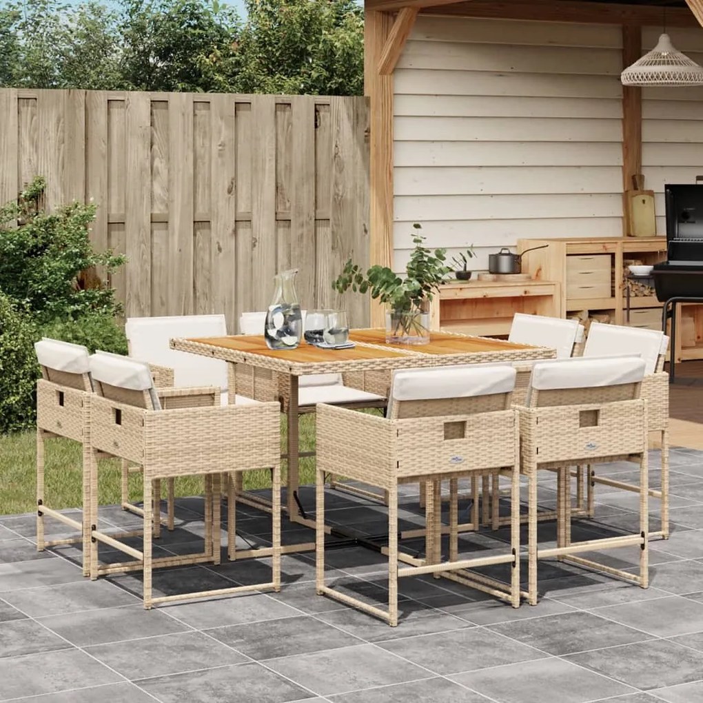 vidaXL 9 pcs conjunto de jantar p/ jardim com almofadões vime PE bege