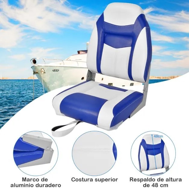 2 Assentos de barco dobráveis com encosto alto Almofada almofadada macia universal moldado macio 44,5 x 51 x 61 cm Azul