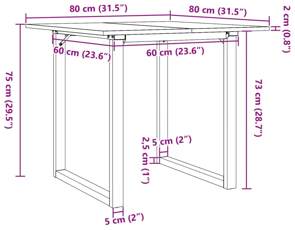 Mesa de jantar estrutura em O 80x80x75 cm pinho e aço