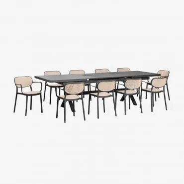 Conjunto De Mesa Retangular Extensível Karena 240-300x100 Cm E 10 Cadeiras De Jardim Empilháveis Com Apoios De Braços Omara Cinza Grafito - Sklum