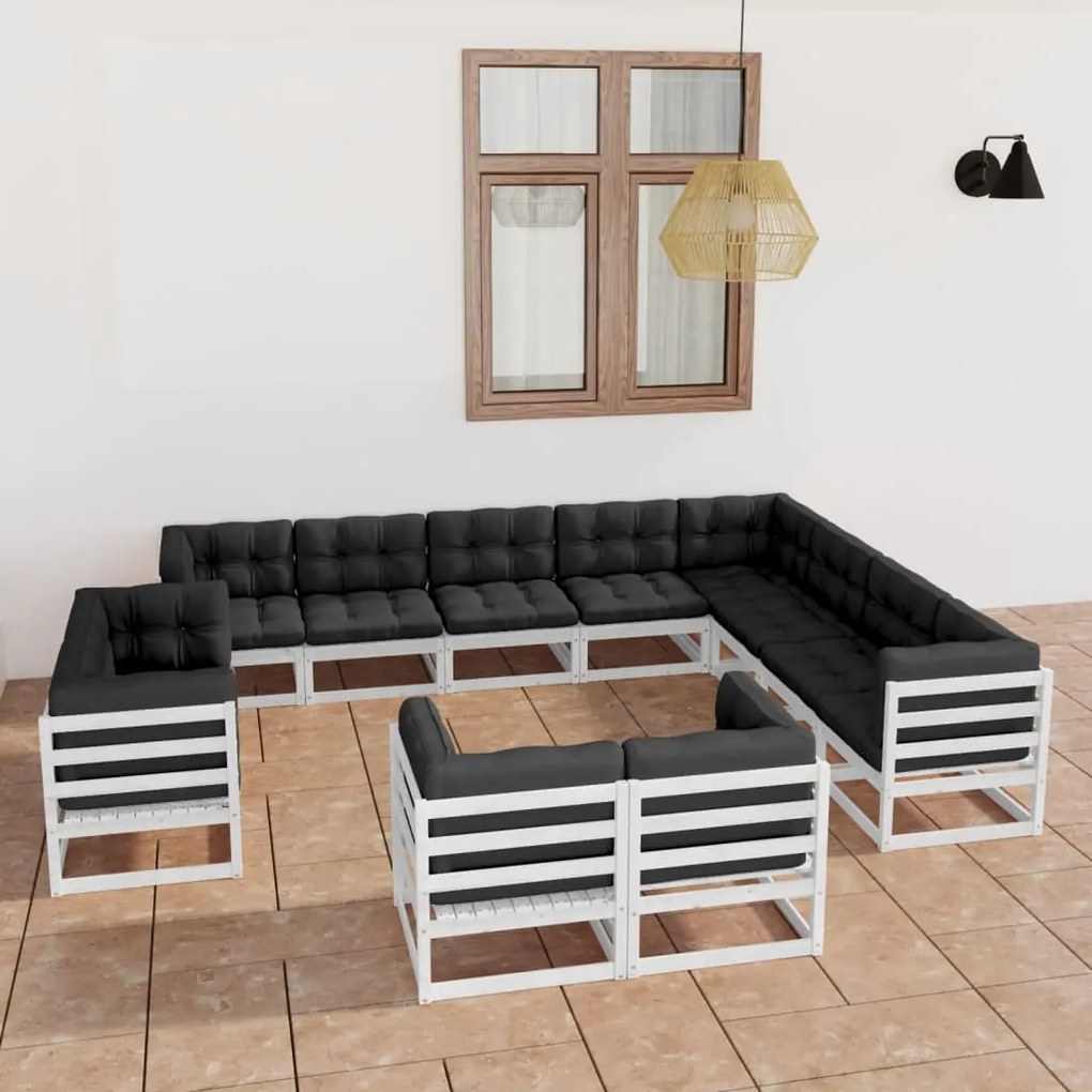 vidaXL 12 pcs conj. lounge de jardim c/ almofadões pinho maciço branco