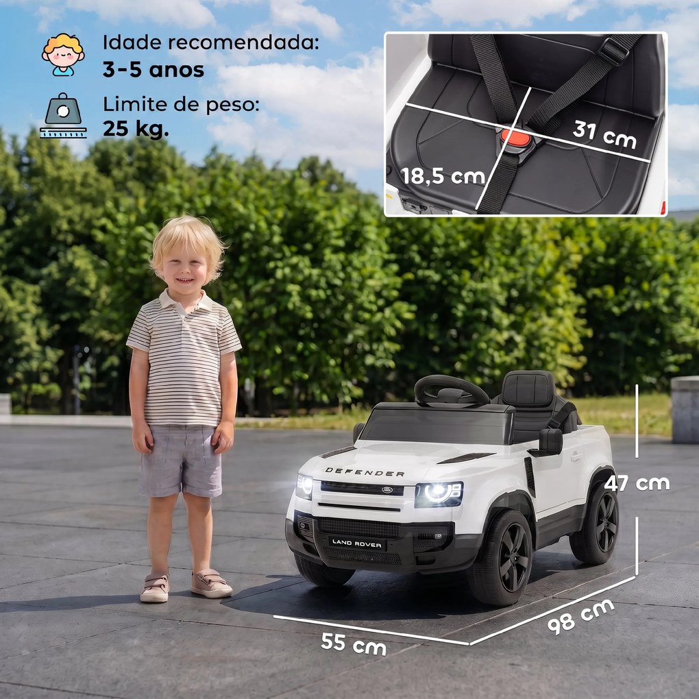 Carro Elétrico SUV Land Rover Defender 12 V para Crianças com Comando, Suspensão e Arranque Suave, Branco