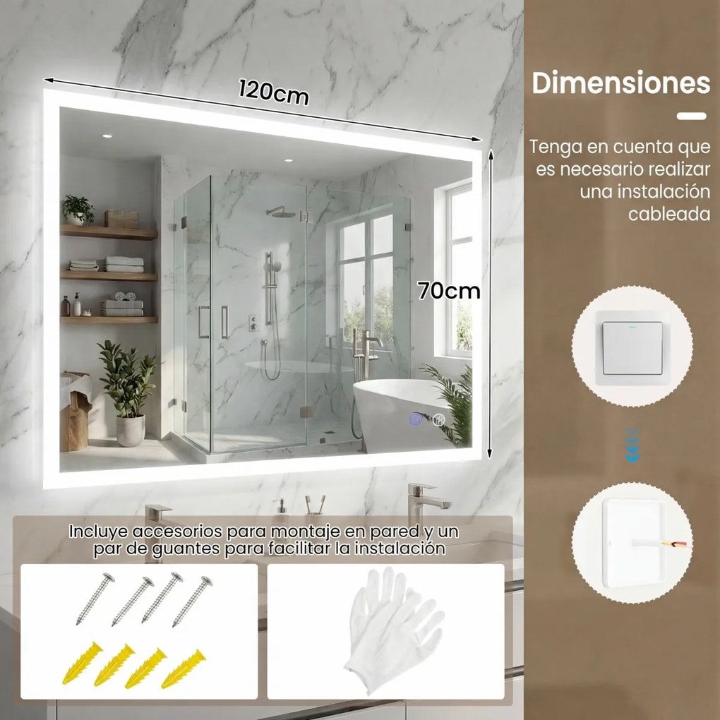 Espelho LED para casa de banho 70 x 120 cm retangular de parede com função antiembaciamento, memória, 3 cores de luz e controlo tátil Prata