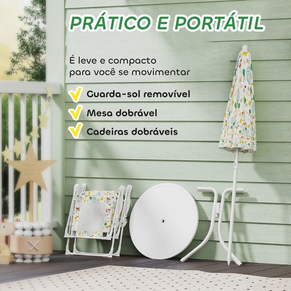 Conjunto Infantil de Mesa e Cadeiras de Jardim 4 Peças Cadeiras Dobráveis Chapéu de Sol Ajustável Design de Elefantes Branco