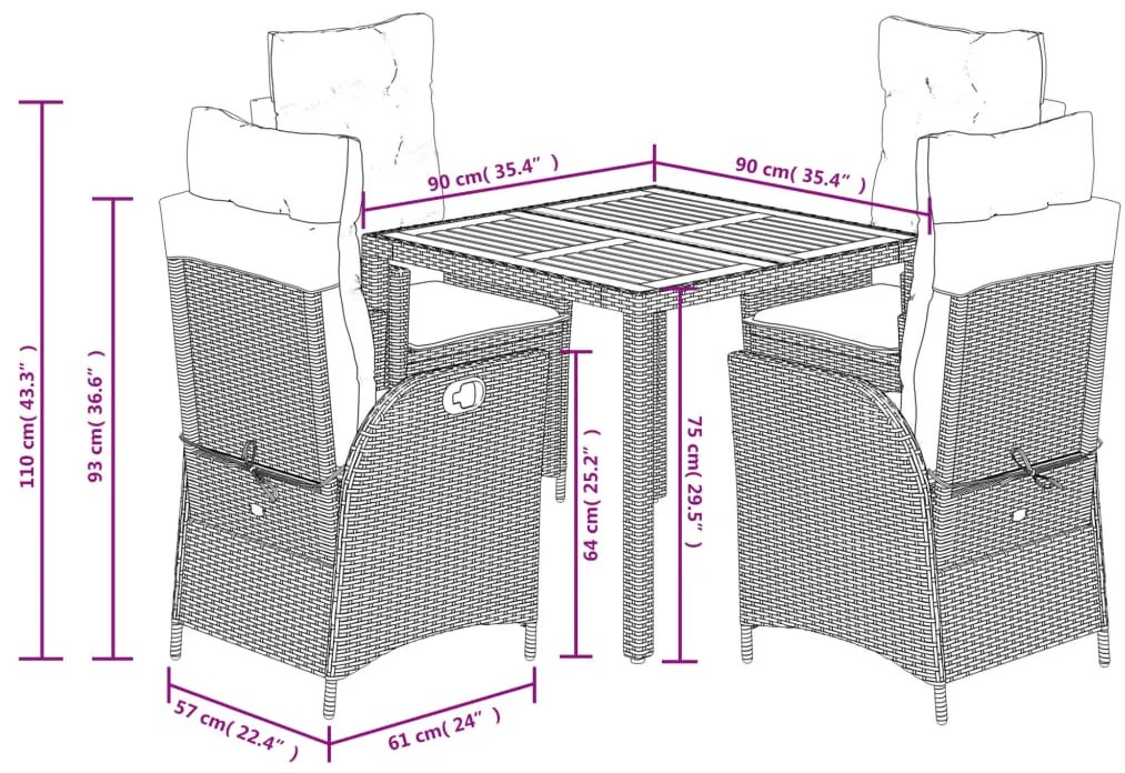 5 pcs conjunto de jantar p/ jardim c/ almofadões vime PE cinza