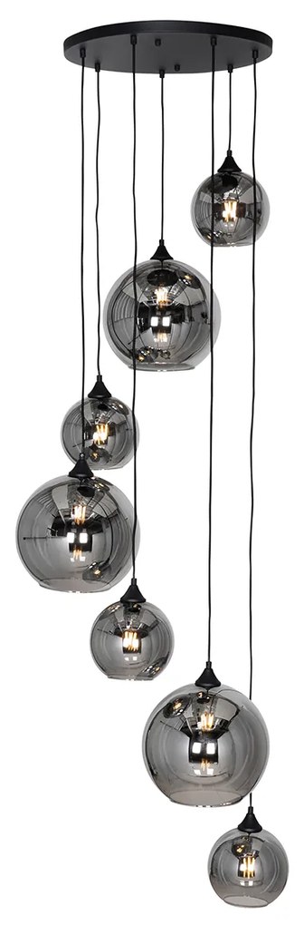 Candeeiro de suspensão Art Deco preto com vidro fumê redondo 7 luzes - Sandra Art Deco