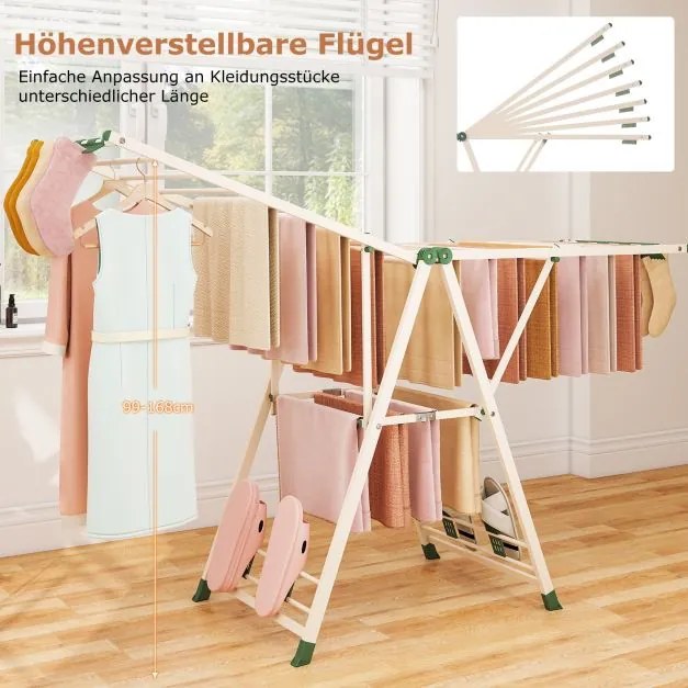 Estendal dobrável com braços ajustáveis 184 x 56 x 99–168 cm, pinças para meias e prateleira para sapatos, secador de roupa bege
