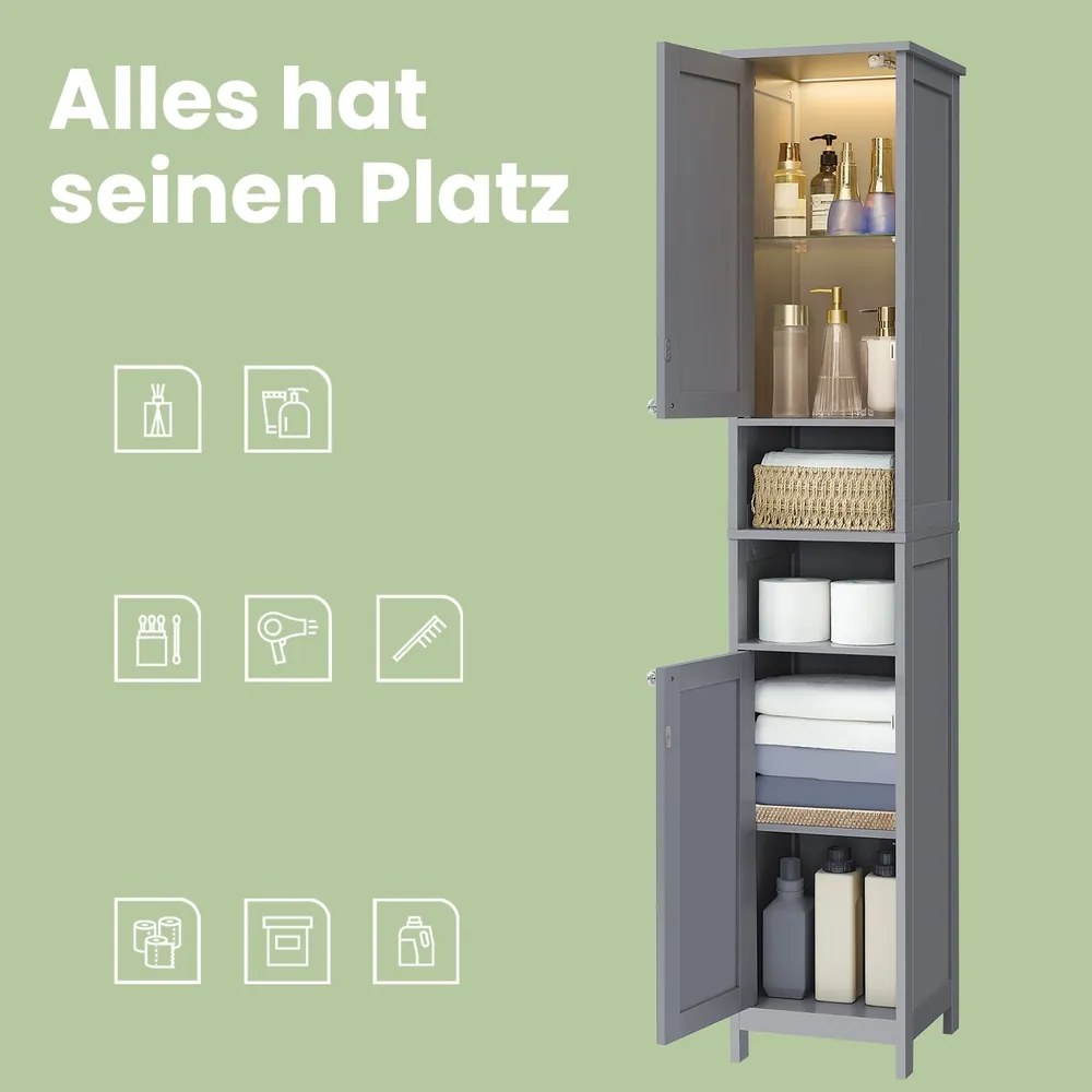 Armário alto para casa de banho com iluminação 30,1 x 30,1 x 170,1 cm, prateleiras ajustáveis, compartimentos abertos Cinzento