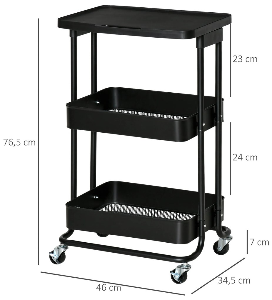 HOMCOM Carrinho de Cozinha com Rodas Carrinho de Armazenamento de 3 Níveis e Rodas com Freio para Sala de Estar Dormitório Escritório 46x34,5x76,5cm Preto