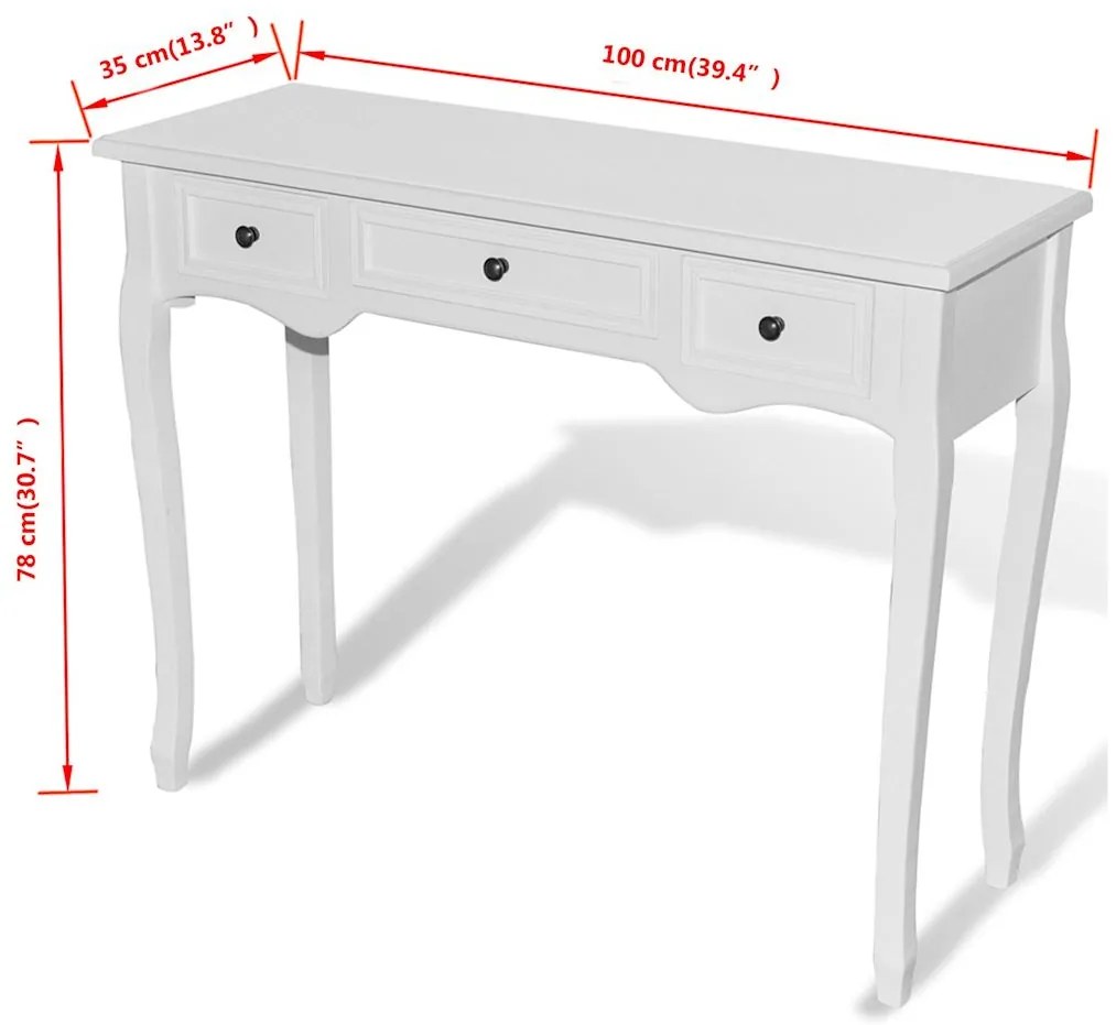 Toucador/mesa consola com três gavetas branco