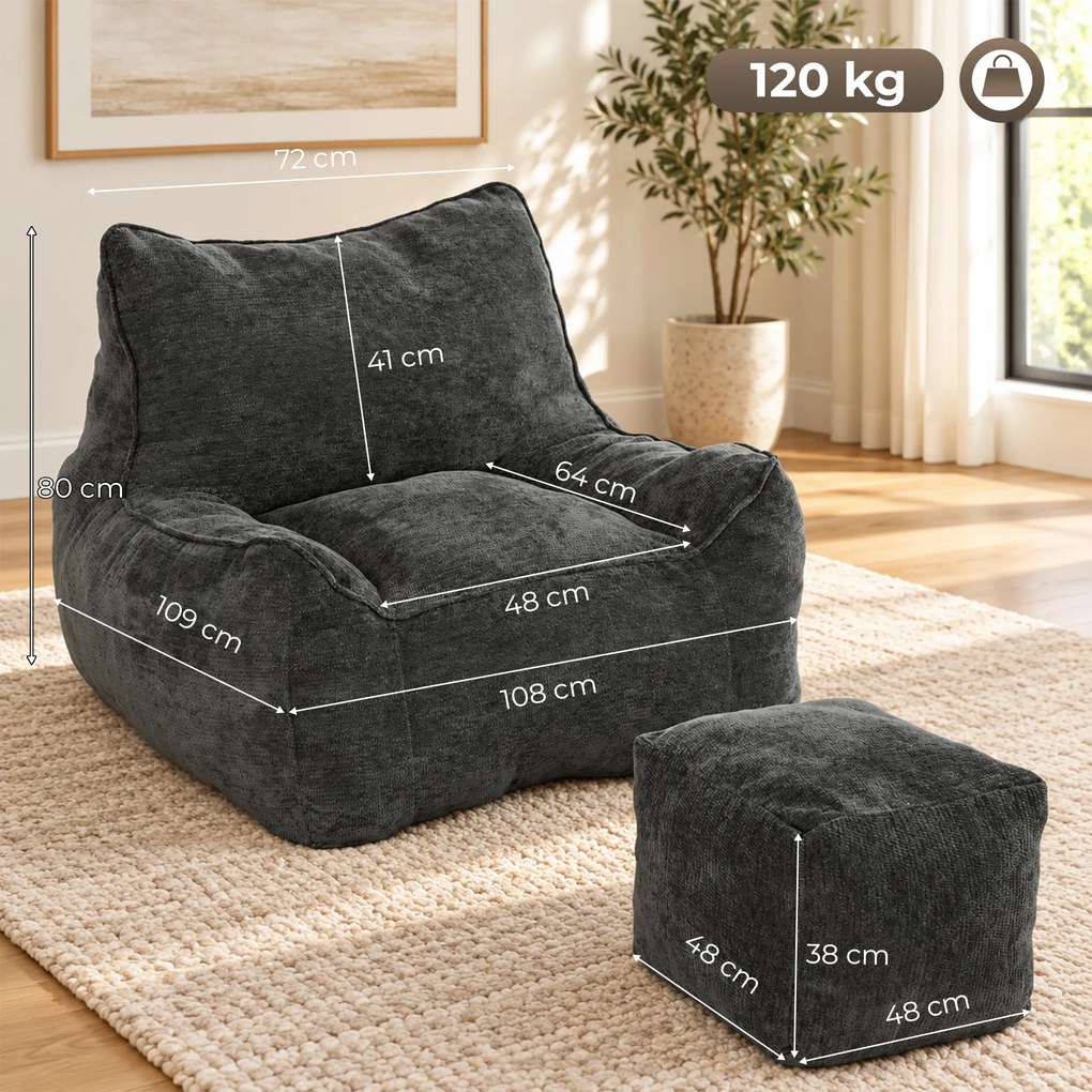 Poltrona de Chão com Apoio para os Pés em Chenille sem Estrutura com Encosto Apoios de Braços Acolchoamento Espesso sem Montagem Cinza