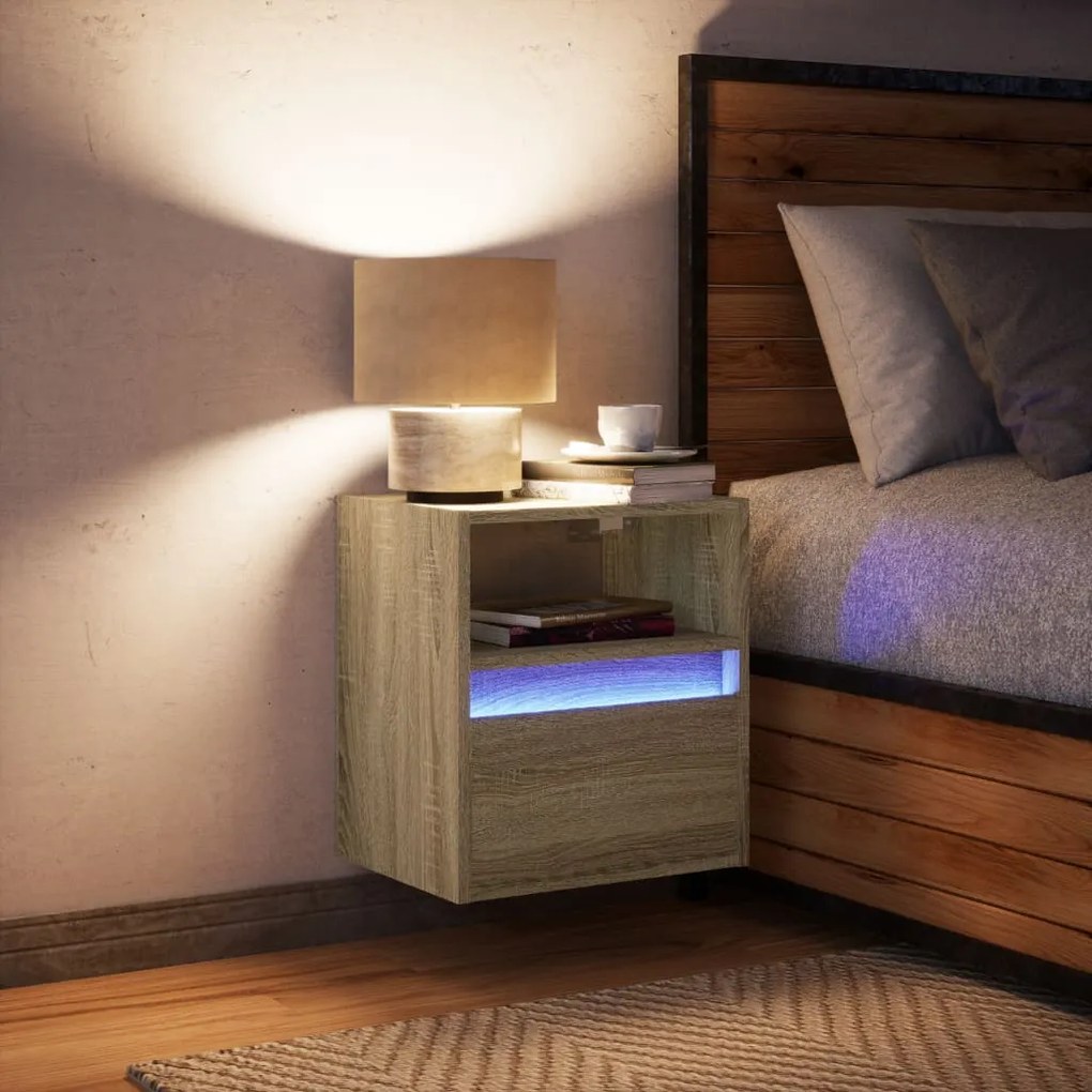 Mesa de cabeceira de parede com luzes LED carvalho sonoma